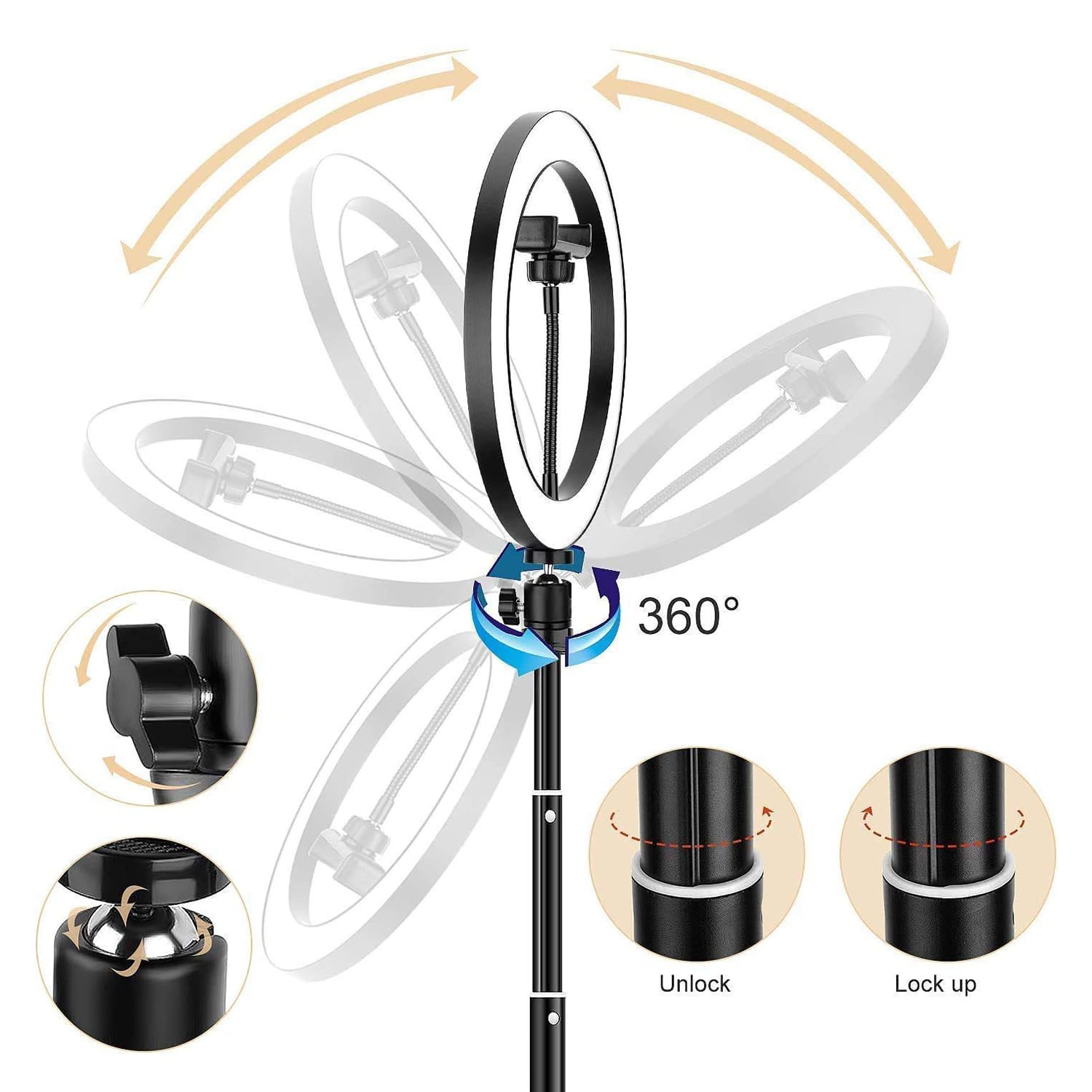 Aro de Luz con tripode, Aro 25cm 2 Trípodes hasta 160cm, Luz Bicolor con Control Remoto Bluetooth, Incluye 3 Pinzas para Móvil Vivo de Youtube, Tiktok, Facebook, fotografia