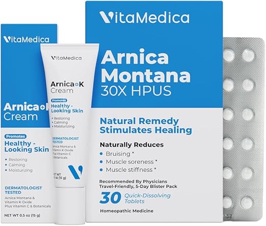 VitaMedica | Arnica Filler Kit Bundle | Arnica Montana 30X Blister Pack + Arnica & Vitamin K Topical Cream | Vitamin K Topical Cream | Softens, Calms, Moisturizes, & Restores Bruised Skin | Recovery