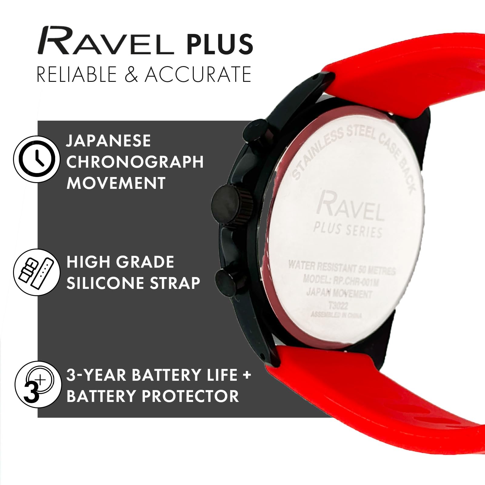 Ravel Plus - Montre de Sport pour Hommes (46 mm) Chronographe Noir, Bracelet en Silicone - Quartz Analogique Japonais - RP.CHR.01-04M