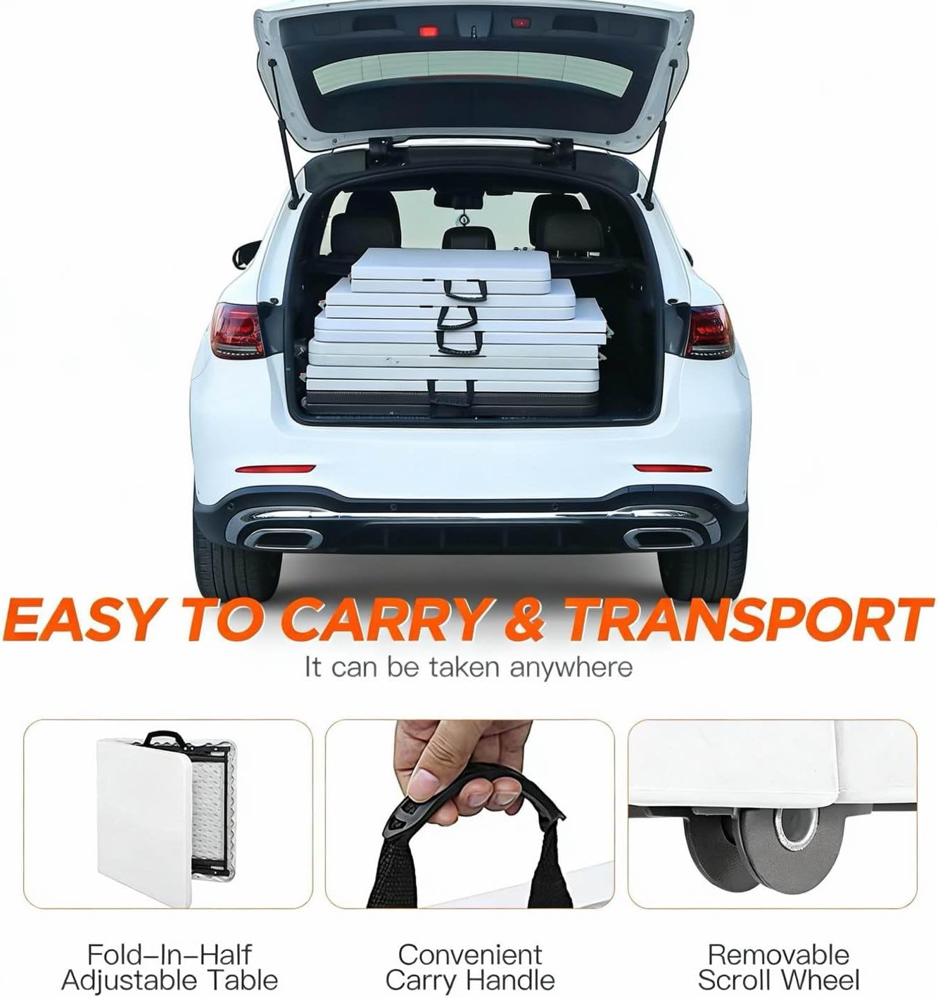 8ft Folding Table, Portable Foldable Plastic Table with Heavy-Duty Top & Reinforced Legs, 360lbs Capacity for Wedding, Party, Camping, Craft Fair, Picnic, Indoor Outdoor Use, White