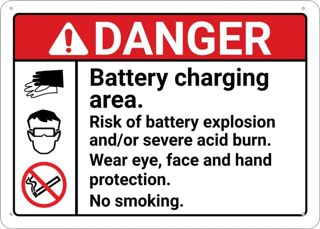 Danger Battery Charging Area Risk of Explosion Rust Free Aluminum Sign - Easy to Read, Pre-Drilled Holes for Home Farm Yard - 16x12 Inch​