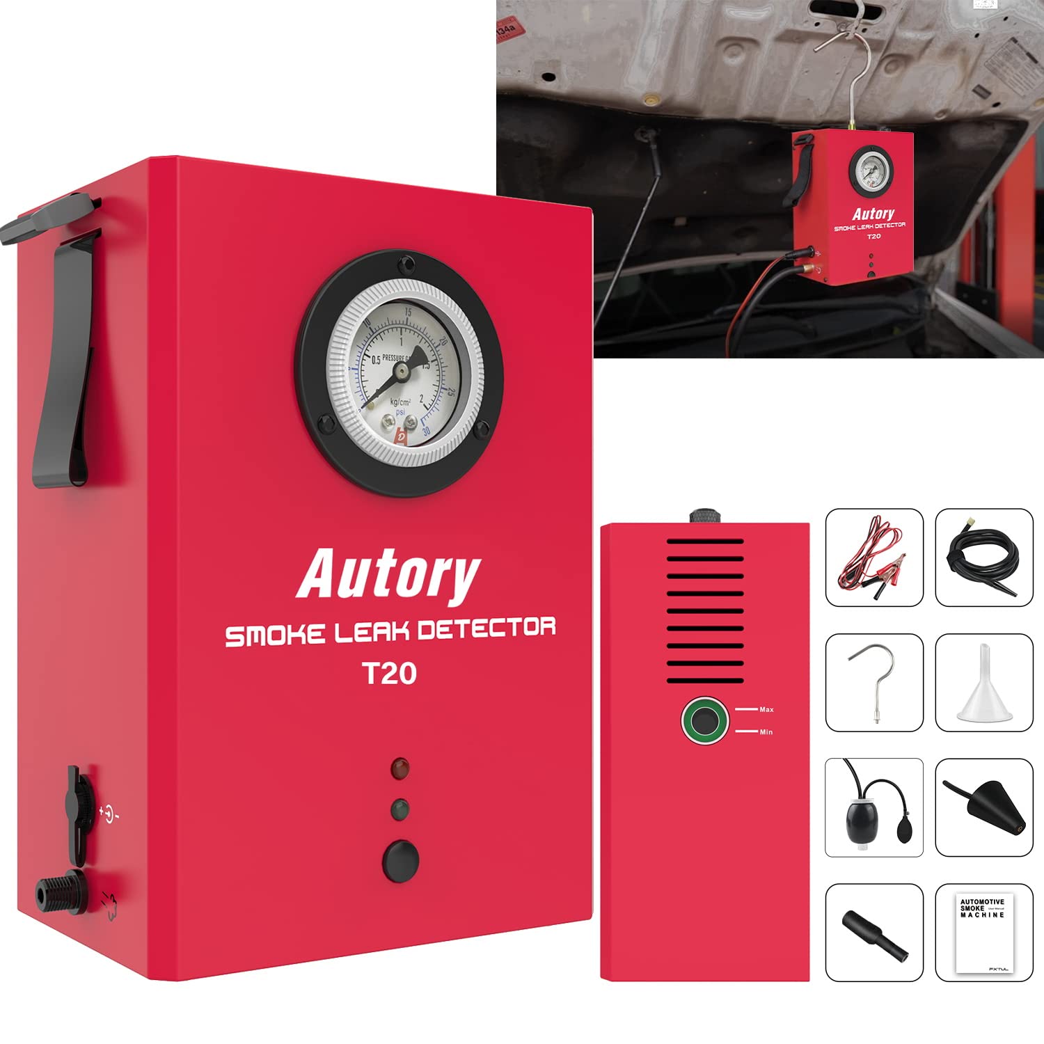 EVAP Fuel Leak Detector, Portable Automotive Smoke Machine with Air and Smoke Dual-Modes, 12V Car Vacuum Leakage Smoke r with Pressure Gauge, Intake Adapter and Cone Adapter