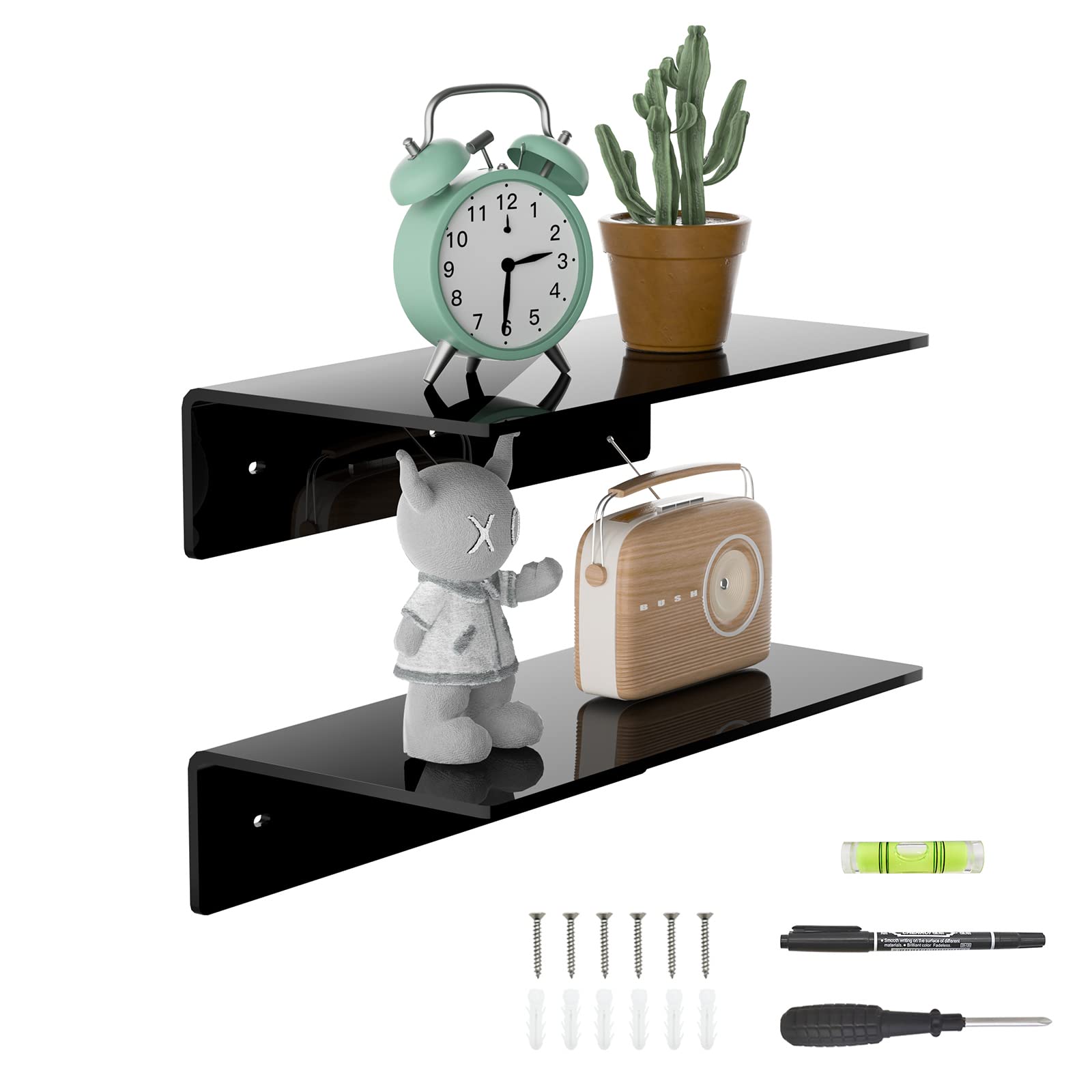 Sezanrpt Black 12 Inches Small Wall Shelves Set Of 2, Acrylic Floating Shelf For Wall, Wall Mounted Display Shelf For Bedroom, Living Room, Funko Pop Shelves, Smart Speaker, 2 Pack