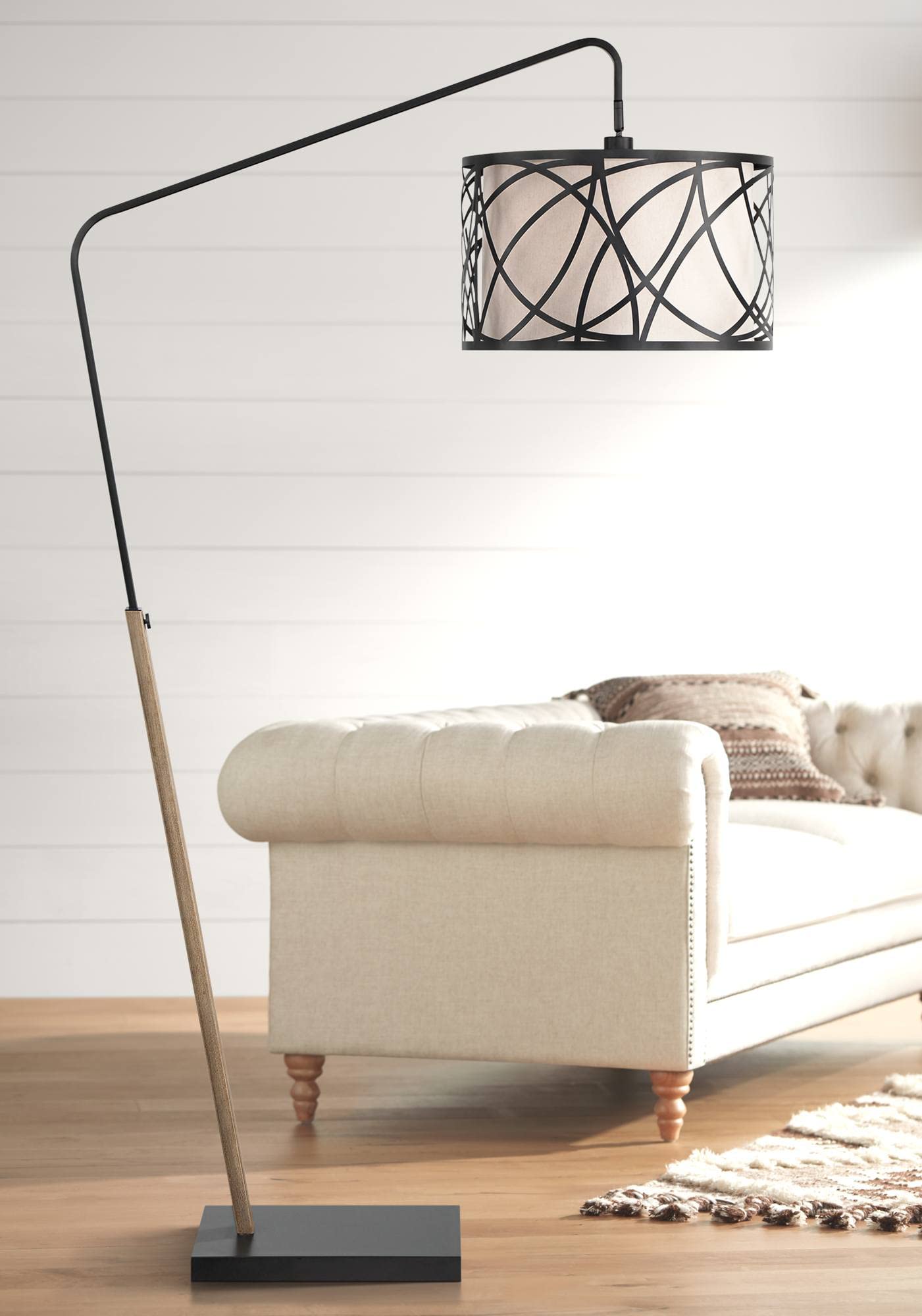 Franklin Iron WorksBramble Modern Industrial 71" Tall Arc Floor Lamp Standing Matte Black Faux Wood Up Down Metal Cage Off-White Linen Shade for Living Room Reading Bedroom Office House Home