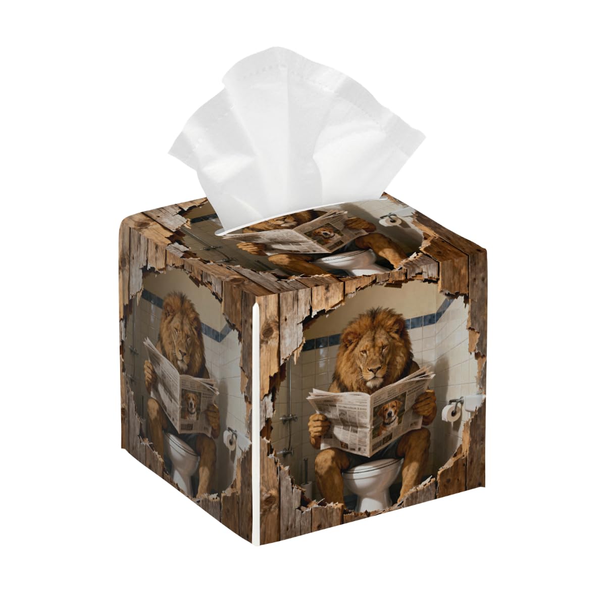 Tissue Box Cover Square Pu Leather Tissue Box Holder Waterproof Paper Organizer Dispenser for Bathroom Kitchen Bedroom Car Office Lion Read Newspaper Wooden