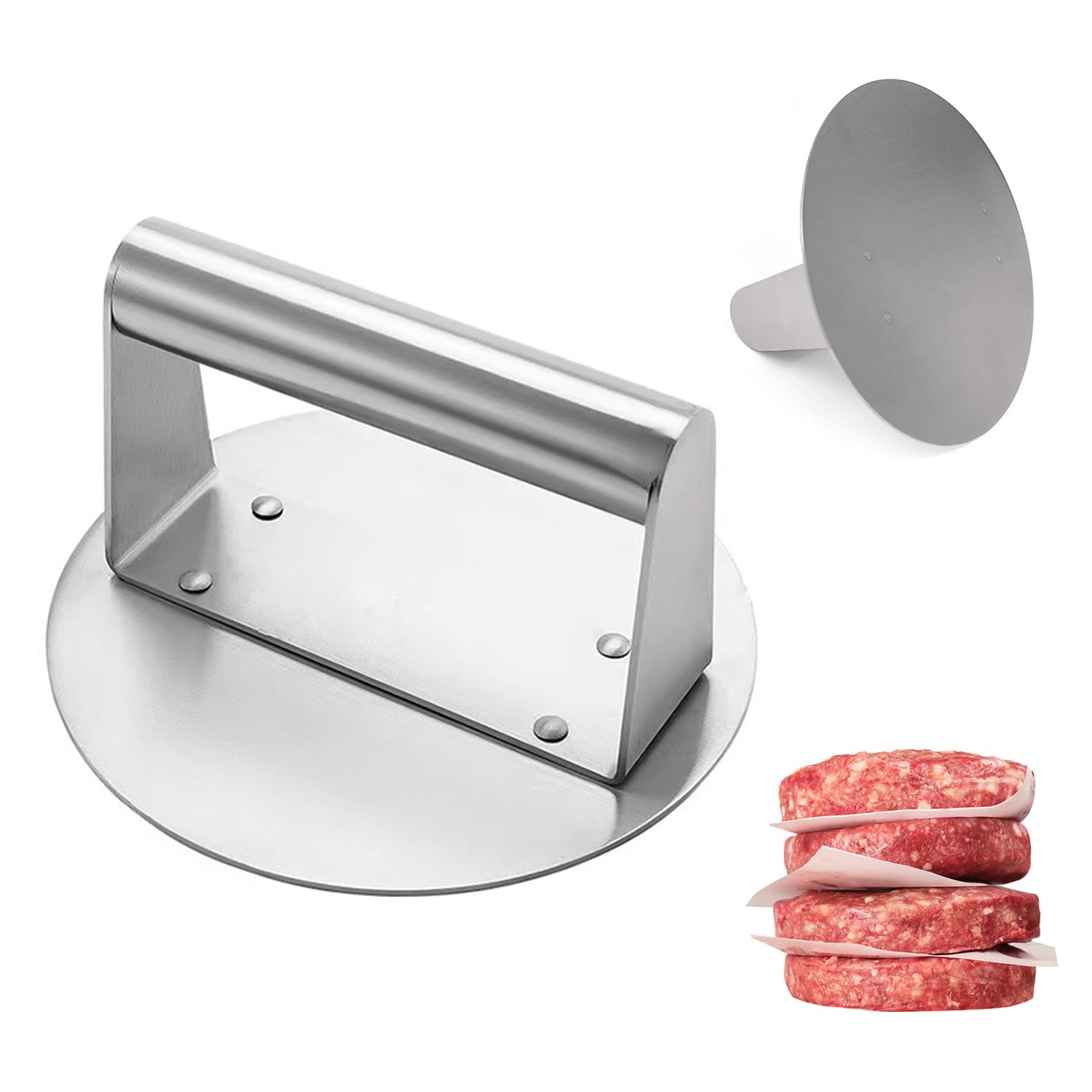 Utensia Stainless Steel Burger Press, 6.5 Inch Heavy Duty Smash Burger Press, Flat Edge Burger Smasher with Ergonomic Metal Handle.