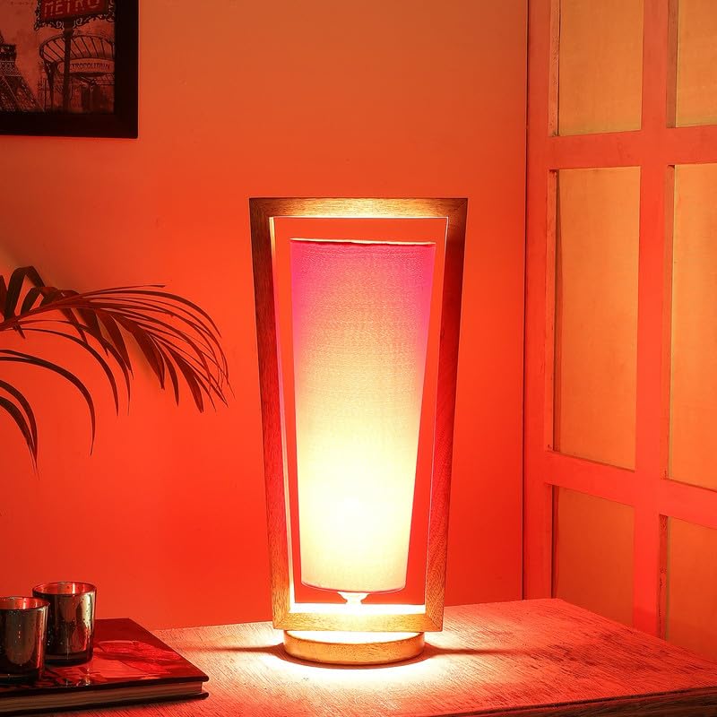 Image of tu casa Table Lamps with Mango Wood Base & Red Cotton Shades for Home Decor, Bedrooms, Living Room, Gifting, Diwali Decoration, Dining Space, Study Room, Hall (Height- 40cm) - Bulb not Included