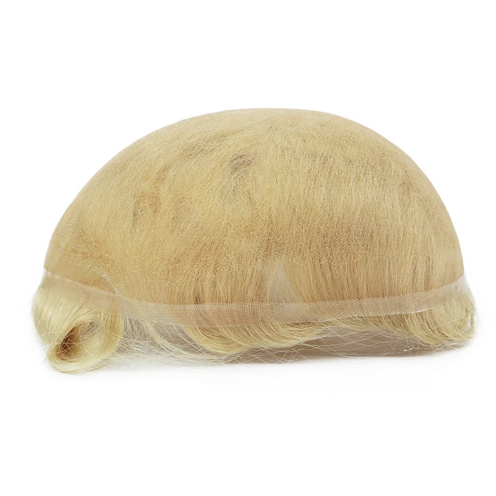 Human Hair Systems for Men, Hair Mens Toupee, Swiss Lace Light Blonde Hair Pieces 90% Density #613