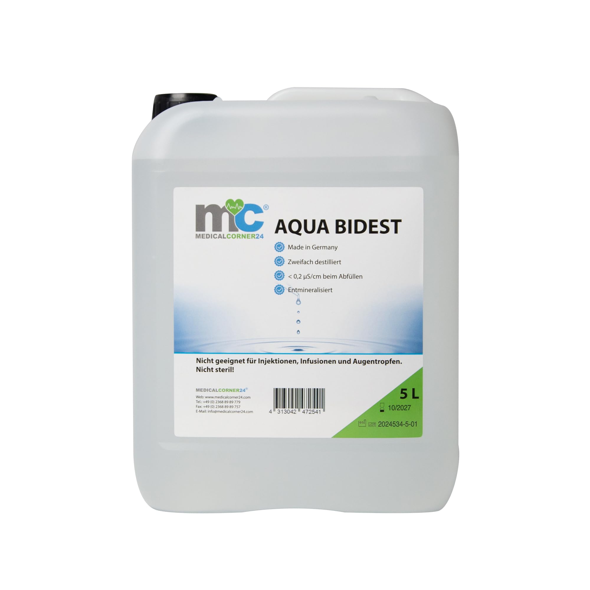 Medicalcorner24 Bidestilliertes Wasser AQUA BIDEST, zweifach destilliertes Wasser, Laborwasser Reinst-Wasser, 4 x 5 Liter Kanister