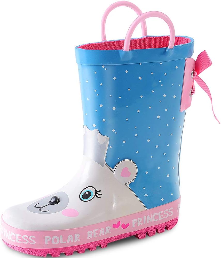 Girls Rain Boots Fun Printed Rubber Boot with Easy-On Handles for Toddler/Little Big Kids, Mouse, 1 US Big Kid