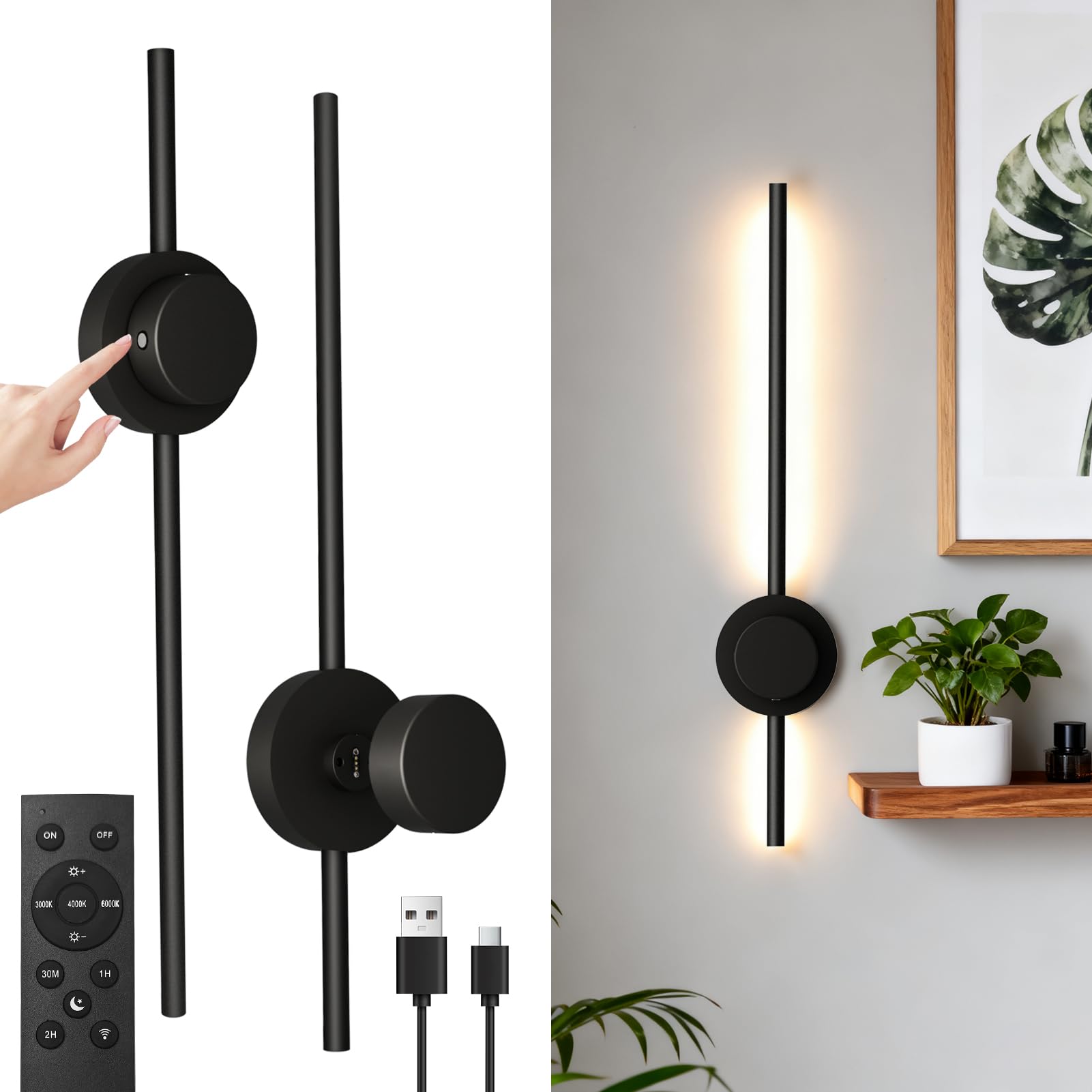 BRIMAX Dimmable Battery Operated Wall Sconces Indoor, 70CM Rechargeable Wall Lights with Remote Control, 3 Colour Temperature Modern Cordless Wall Light for Bedroom, Living Room, Hallway | 2 Pack
