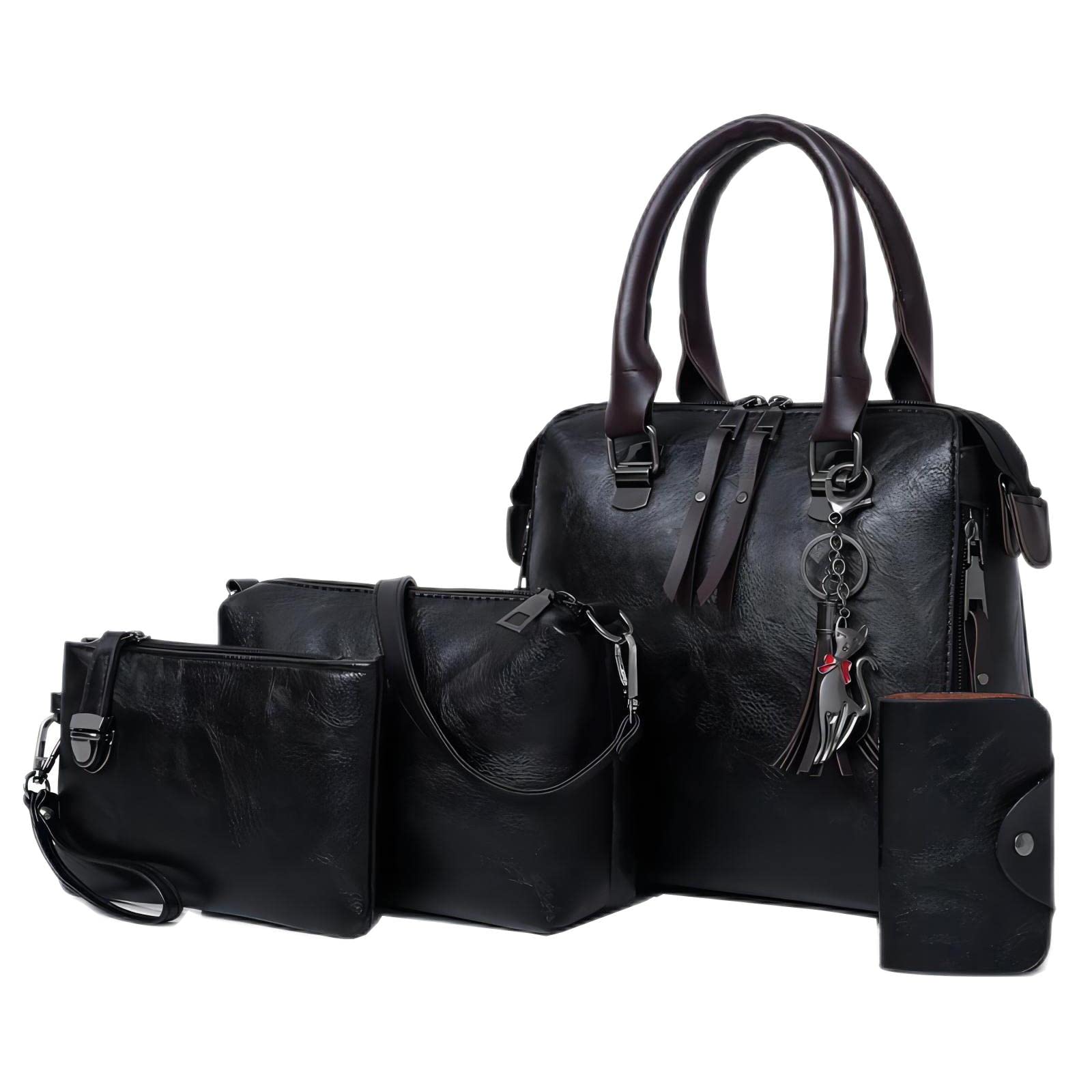 HaipkyWomen Handbag, Vintage Tassel Top Handle Tote Shoulder Crossbody Messenger Bags 4 PCS Set Wallet Purse Set for Women Ladies