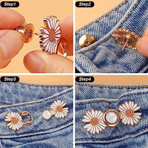 Image of 2pcs Pant Waist Tightener, Adjustable Waist Buckle Set, Extra Button for Jeans to Make Tighter, Instant Jeans Button Pins for Pants Jeans Skirts, No Sewing Required (Daisy Flower - B)