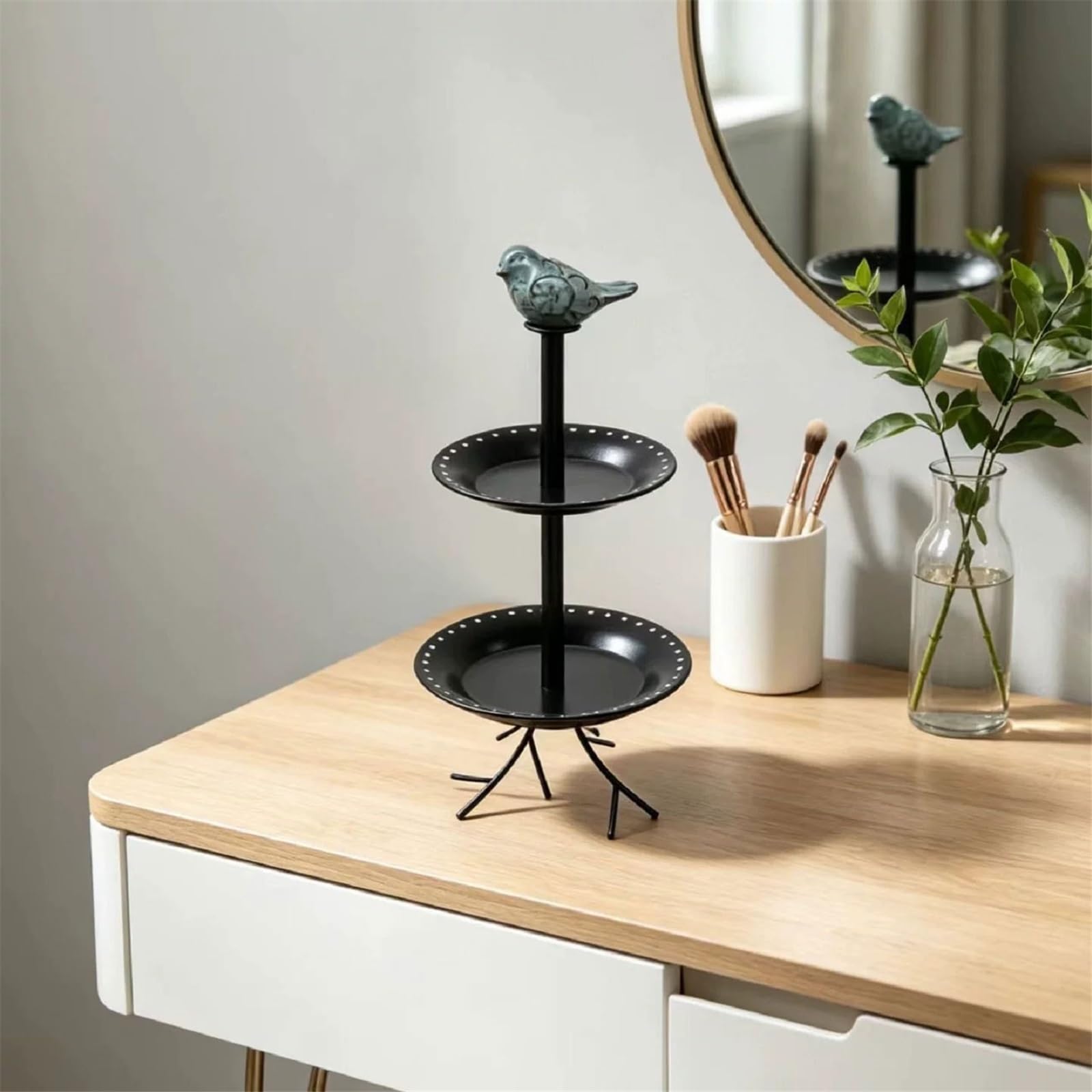 Stań 2-Tier Metal Earring Ring Jewelry Tray with Bird Decor do sprzedaży