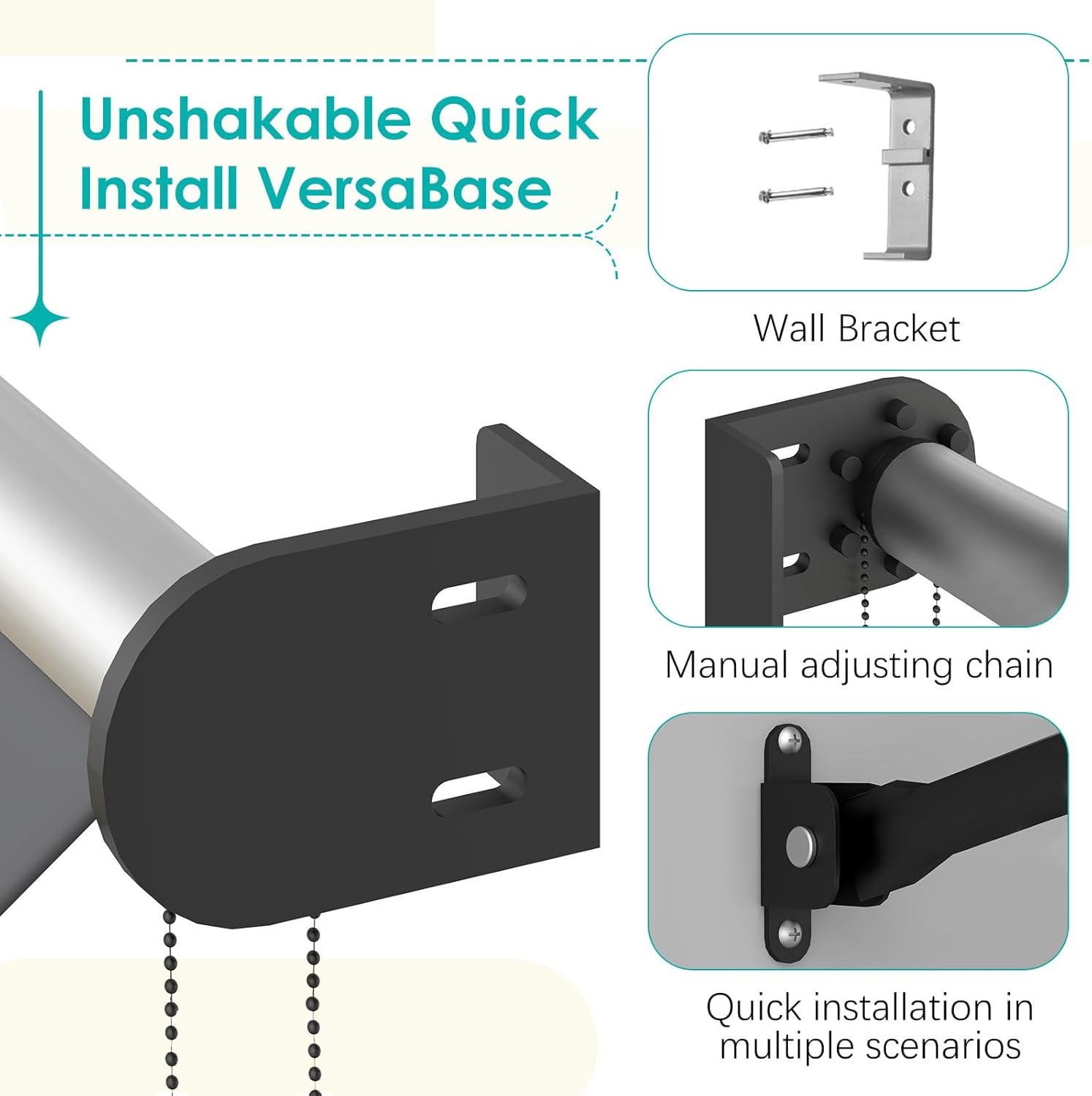 Close-up view of awning components including wall bracket, manual adjusting chain, and quick installation mechanism