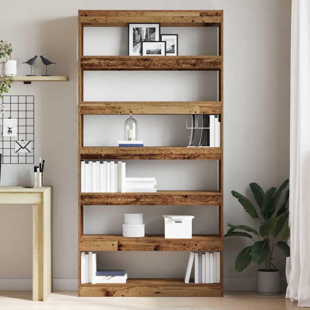 Regał na książki z drewna odpadowego, materiał drewnopochodny, 100 x 30 x 198 cm, z 6 półkami, wszechstronne miejsce do przechowywania do salonu, biura, sypialni, nowoczesne wzornictwo