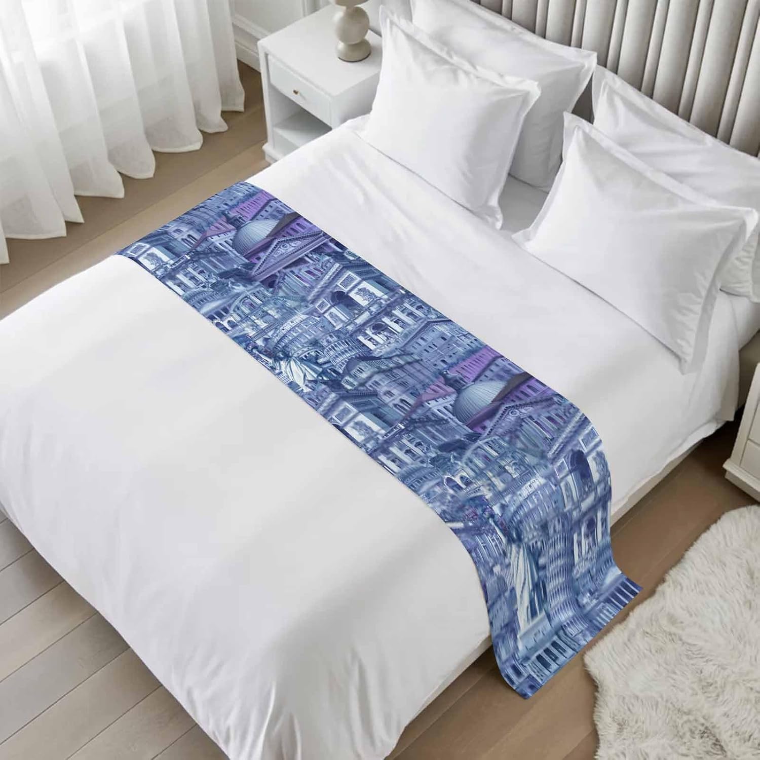 Navy Blue Landmarks Bed Runner Cal King Size, Modern Abstract Global Artwork Bed Scarf Protector Slipcover for Bedroom Wedding Room Hotel, Bedding Runner Throws for Foot of Beds 102"x20"