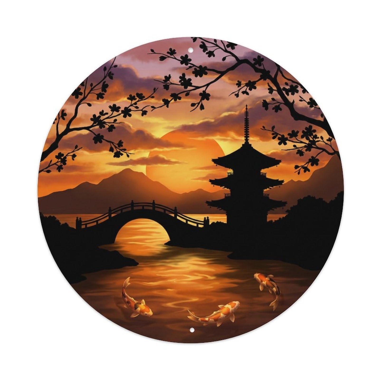 Galvaxio Style Japanese Koi Fish Golden Sunset Silhouette Sky Metal Tin Sign