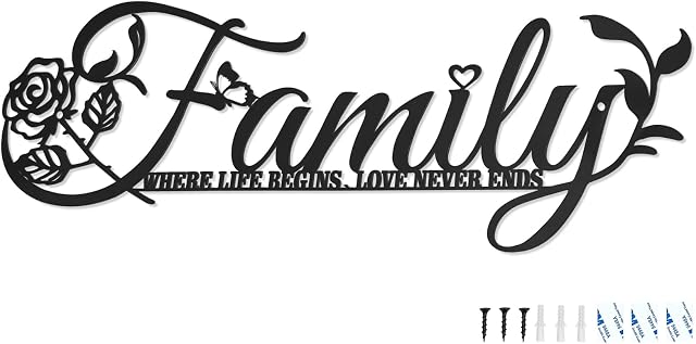 Family Sign Black Metal Wall Decor, Family Where Life Begins, Love Never Ends Word Wall Hanging Decoration, Family Rose Iron Letters Quotes Wall Art Sculpture for Kitchen Living Room Bedroom (A)