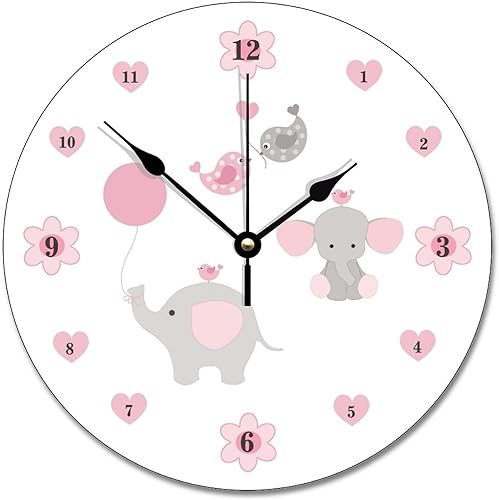 Miniatura 1 de Reloj de pared con diseño de elefante color rosa y gris y gris reloj de madera para guardería 10 unidades silencioso de cuarzo funciona con pilas