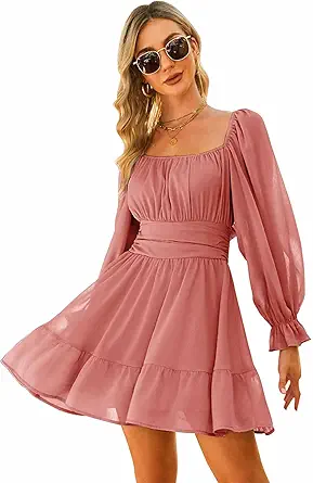 EXLURA Women Tie Back Wedding Guest Dress Long Lantern Sleeve