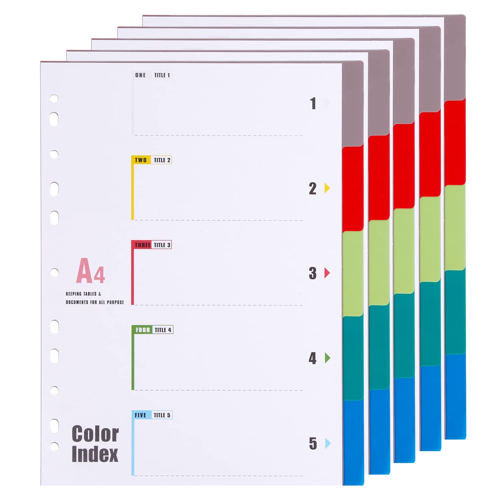 5-Part A4 Plastic Binder Dividers, 5 Colour Tabs (5 Pack), PP A4 File Dividers, Multi-Colour Index Tabs with Pre-Punched 11-Hole for 2/3 / 4 Ring Binder