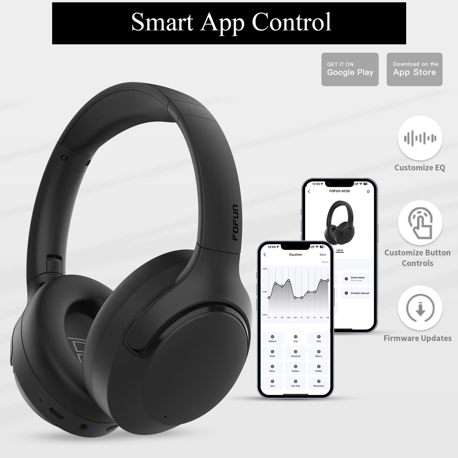 Active Noise Cancelling Headphones, 65H Bluetooth Headphones, Custom EQ via App Headphones Wireless with Mic, Bluetooth 6.0 Foldable Lightweight Headsets for Commuting Travel Work Home (Black)