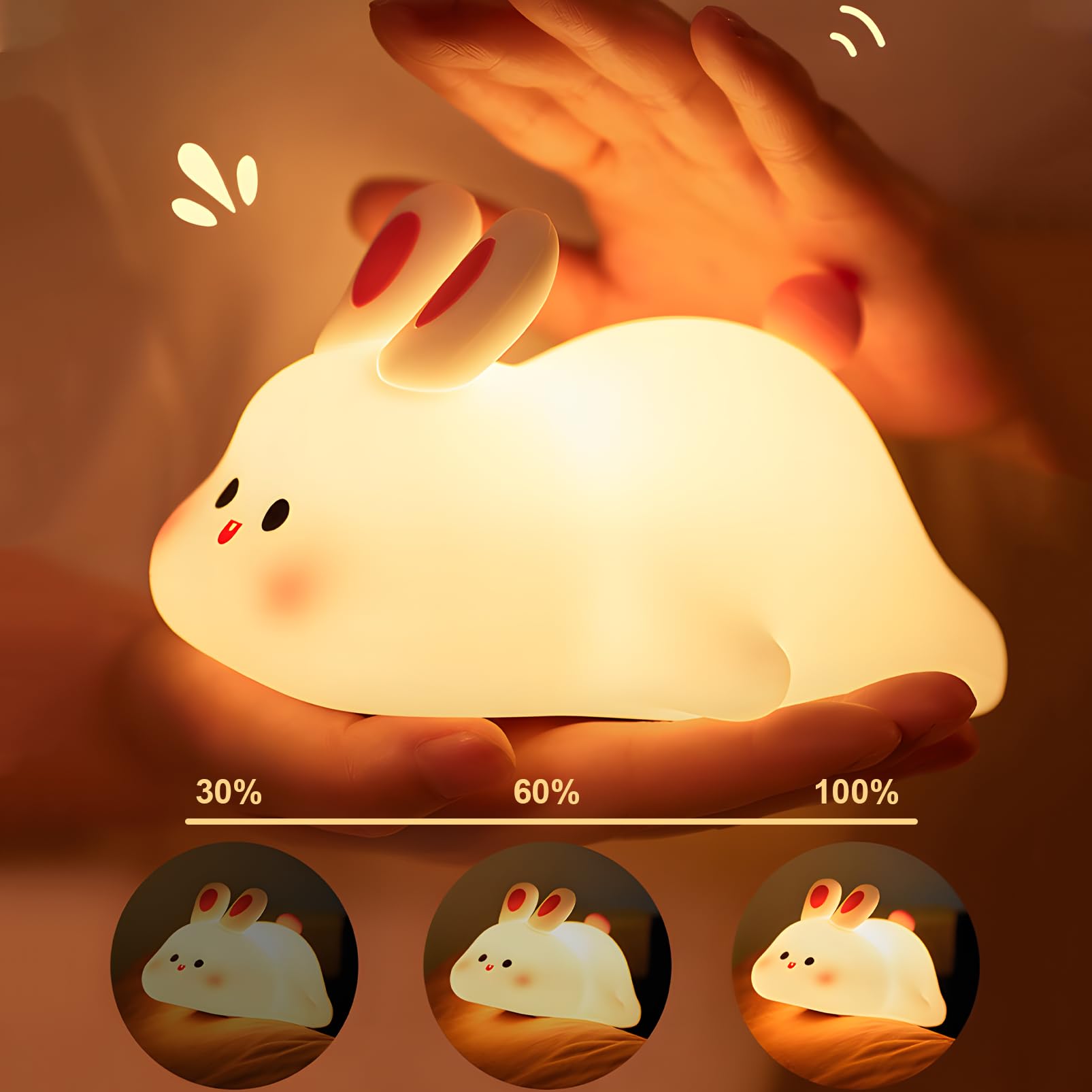 Auezona Luce Notturna Bambini, Lampada Notturna per Bambini Coniglio, Luce Notturna Ricaricabile USB, LED Lampada Coniglio per Bambini Silicone Touch con Timer, Regalo Neonato Compleanno Natale