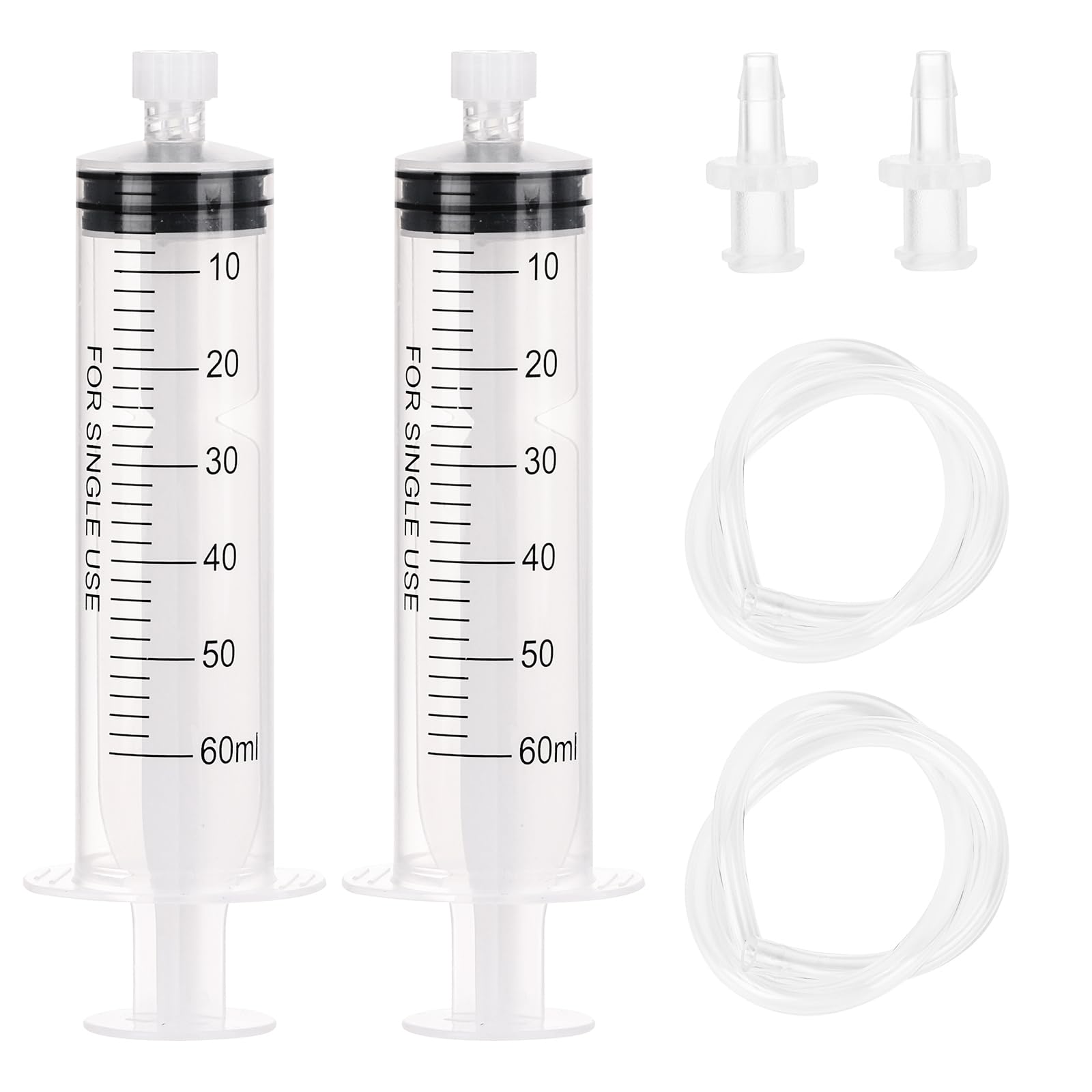 2pcs 60ml Plastic Syringes with 2pcs 13in Tubing and Luer Connections
