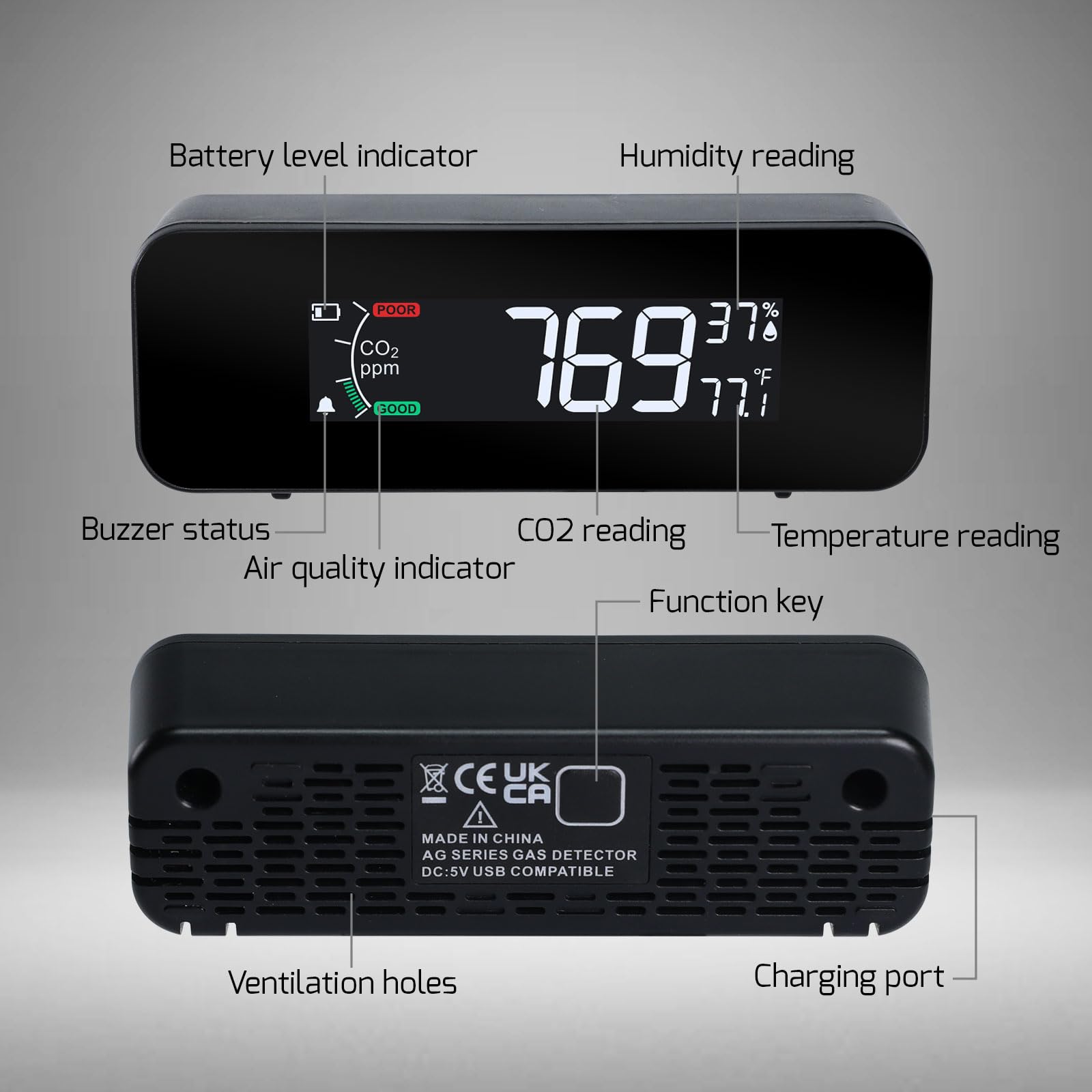 Monitor de CO2 portátil, medidor de CO2, 0 ~ 5000 pppm, detector de dióxido de carbono, mide CO2, temperatura, humedad, calidad del aire, monitor de CO2 con indicador y alarma de zumbador, detector de