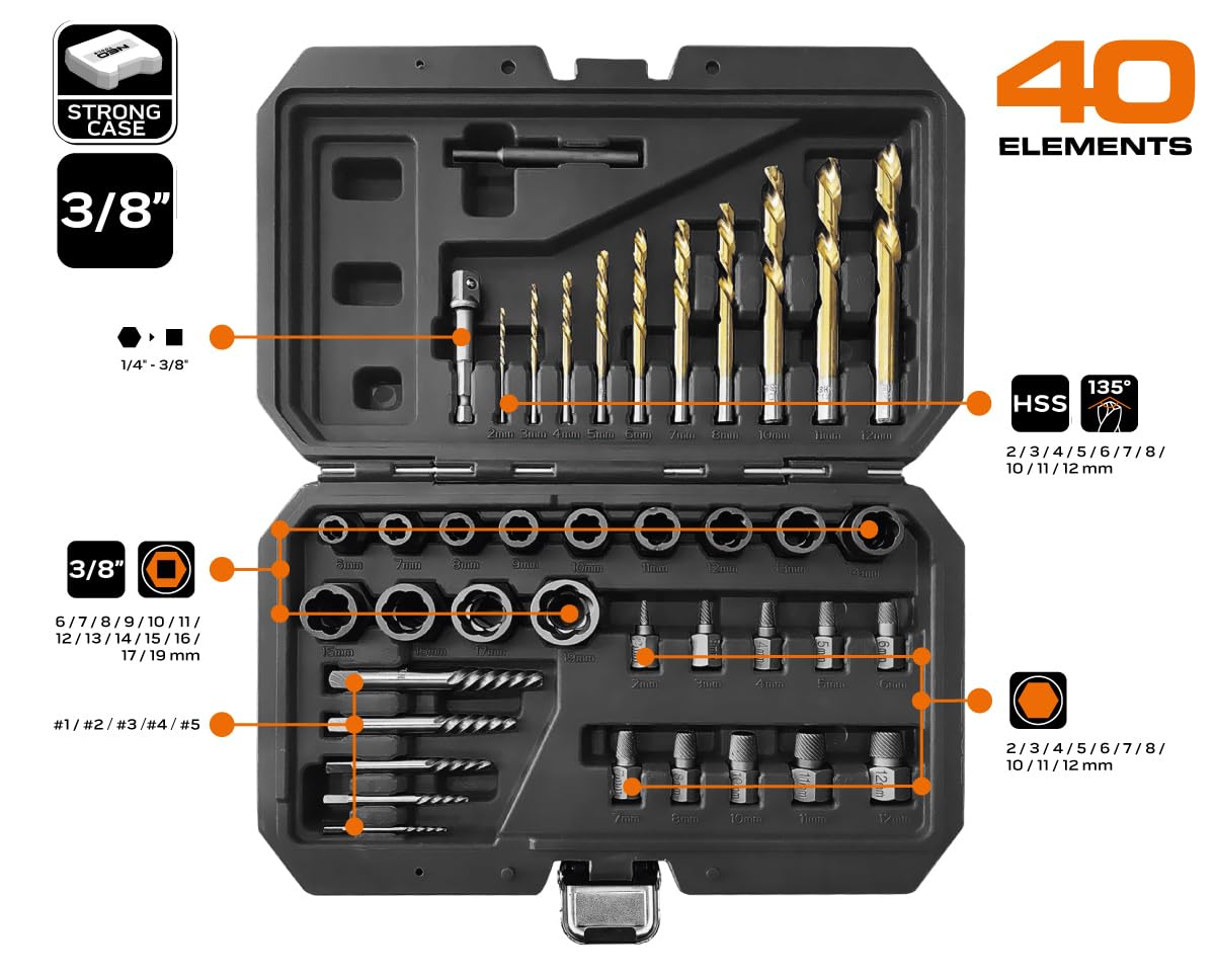 NEO TOOLS 40-częściowy zestaw wykrętaków śrubowych: CRV/CRMO/S2, wiertło do metalu, klucze nasadowe, nadają się do wkrętarki udarowej, wytrzymała walizka, idealna do warsztatu i majsterkowiczów