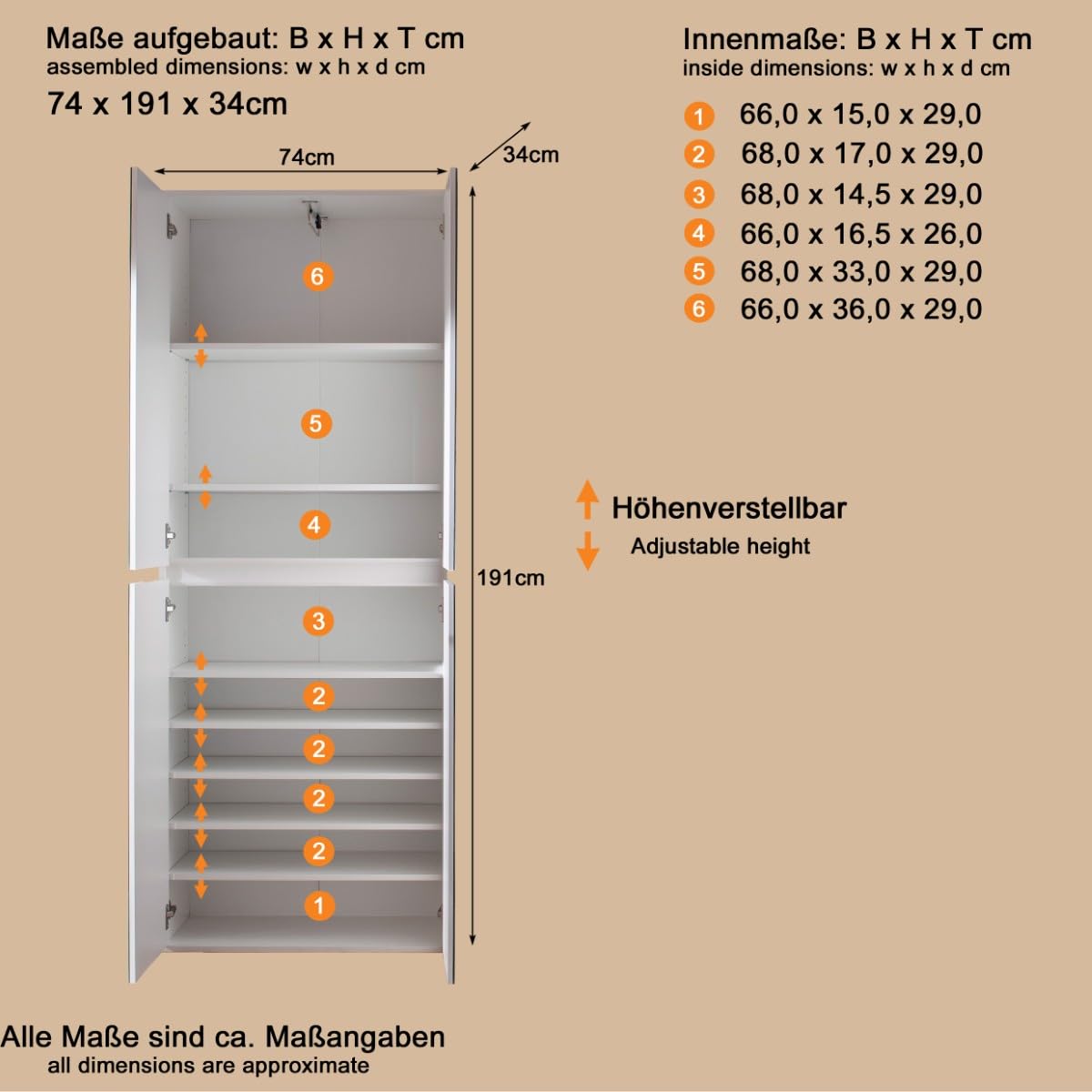 trendteam smart living - Mirror - Garderobenschrank - Weiß - Mehrzweckschrank mit reichlich Stauraum - (BxHxT) 74 x 191 x 34 cm - 1 Kleiderstange und 6 Einlegeböden
