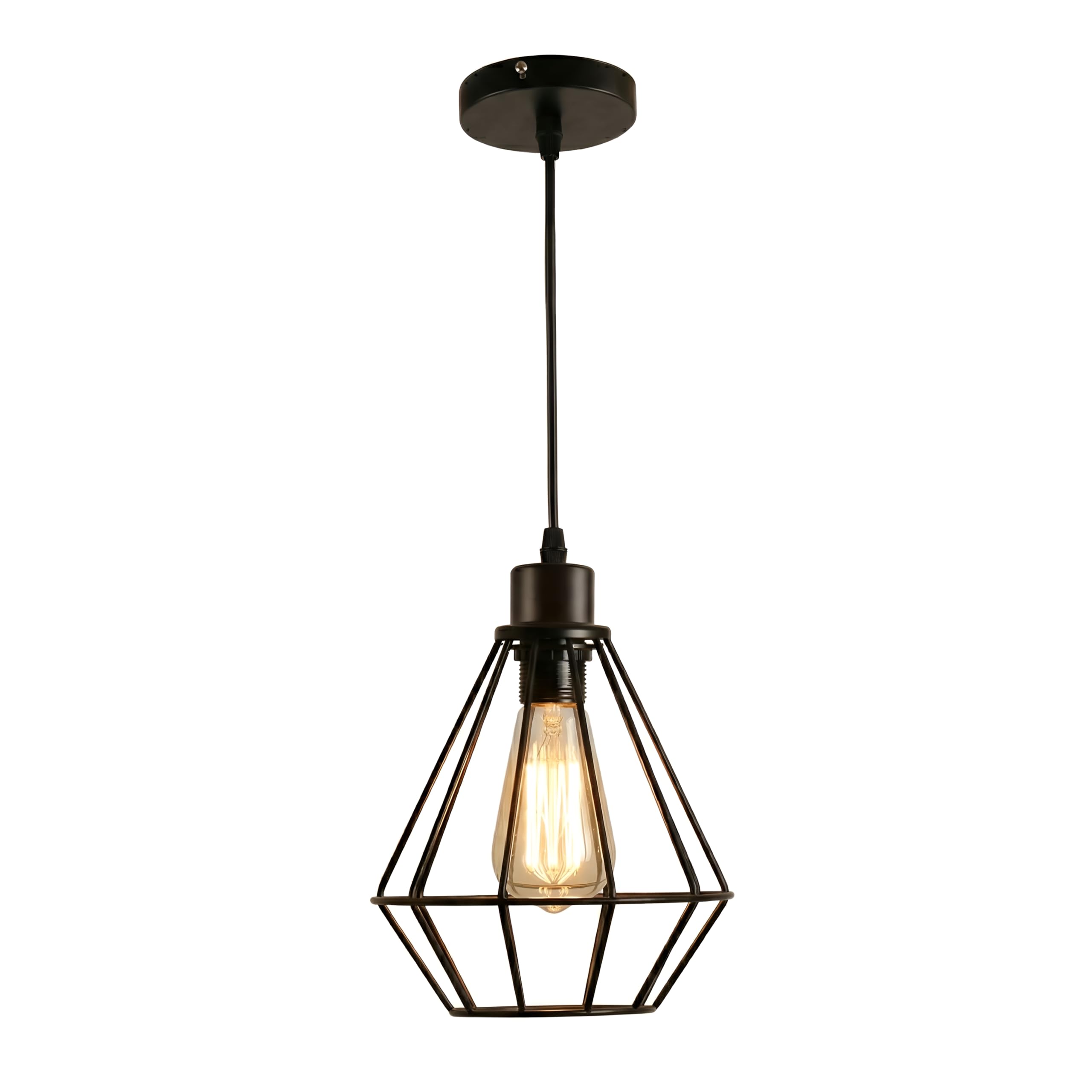 LEDSone Industrial Pendant Cage Light Shade Retro Kitchen Ceiling Light Vintage Metal Loft Bar Hanging Chandelier Lighting Rustic Lampshade E27 Base Black with Bulb
