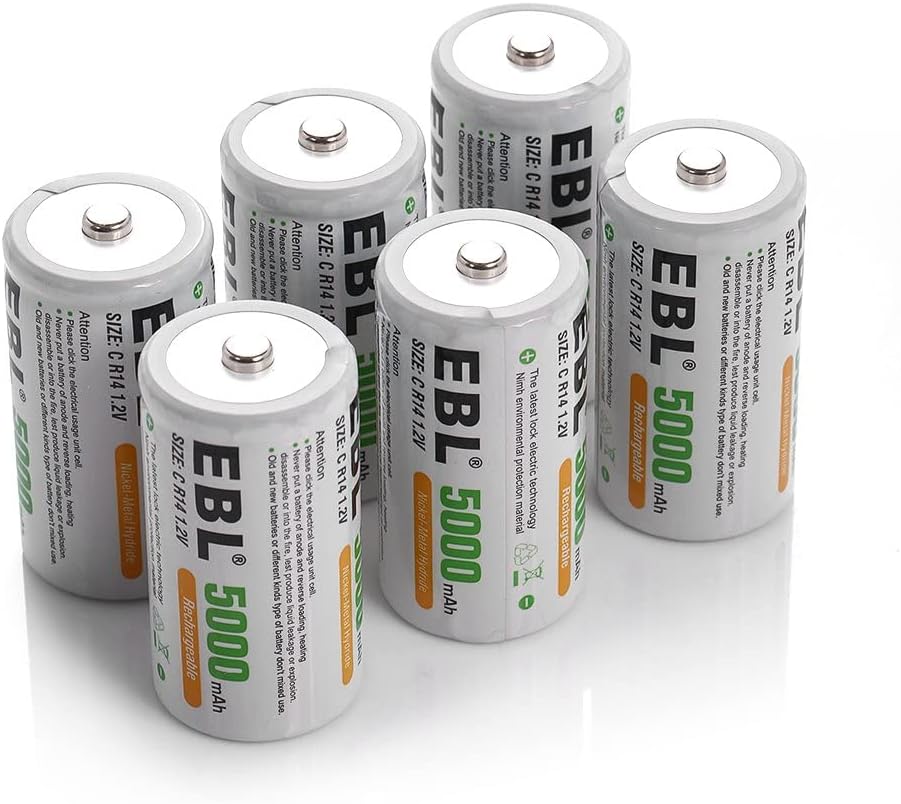 EBL C laddningsbara batterier 5000mAh industribatteri C batterier, 6 stycken Ni-MH C celler