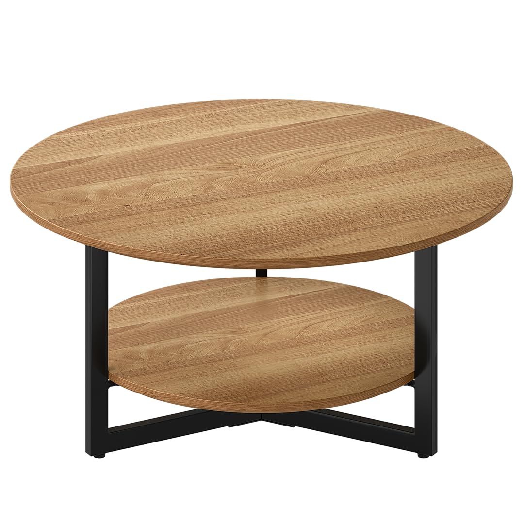 skølm Drakkar Couchtisch rund Ø70 cm – Wohnzimmertisch aus Massivholz Eiche & Metallgestell – Sofatisch mit 2 Ablagen – Kleiner Beistelltisch geölt – Holztisch Wohnzimmer mit Stauraum – Coffee Table