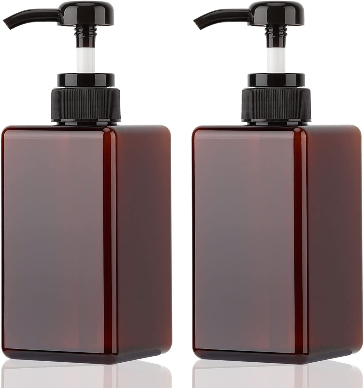 – SYOSI Pump Bottle Dispenser Refillable Square Plastic Lotion Dispenser Empty Lotion Pump Bottle for Essential Oil Soap Lotion Shampoo, Bathroom/Kitchen/Travel, 2Pack 450ml (15.2oz) Amber