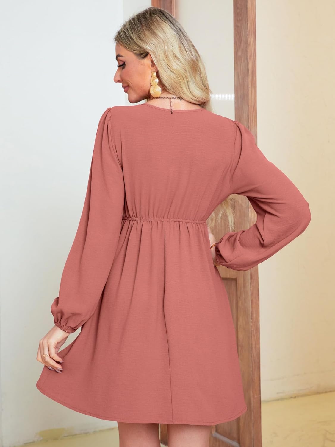 BerryGo Women's Casual Long Sleeve Babydoll Flowy Dress V Neck Swing Party Mini Dress with Pocket for Summer Beach 2025 - Image 5