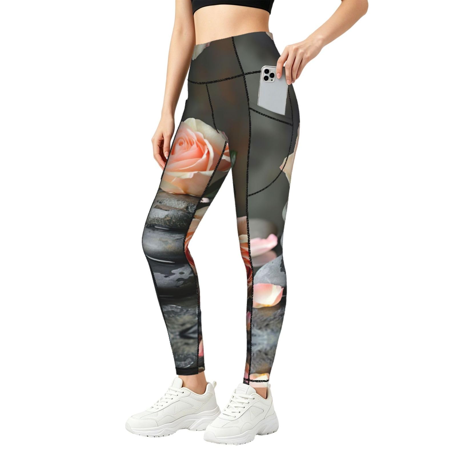 Leggings con estampado de rosas pantalones elásticos de entrenamiento mujer con bolsillos 8