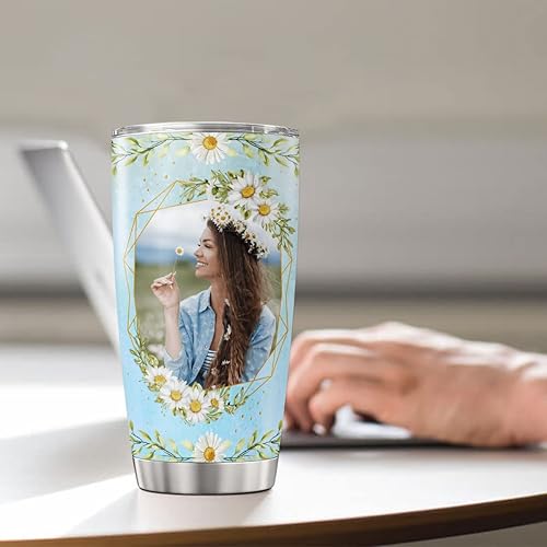 Miniatura 4 de Vaso de café personalizado con diseño de margaritas y flores, taza de viaje con tapa, foto con nombre personalizado, regalos de cumpleaños para