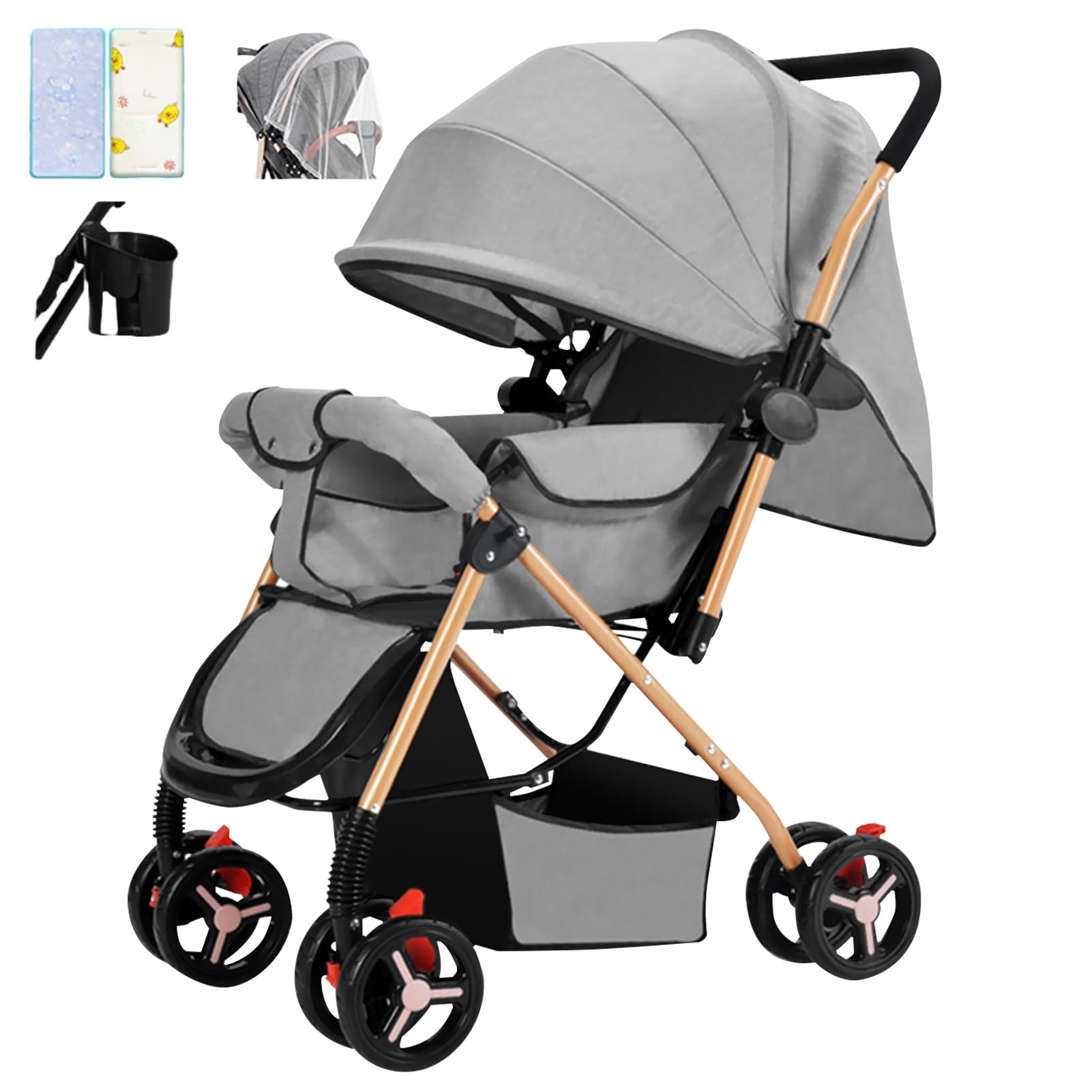DAYONG Lightweight Travel Stroller, Two-way Push Baby Stroller, One-click Foldable/Extra Wide Seat/Cool Mat/Mosquito Net, Load 25kg, Portable Infant Stroller for New Born Baby Toddler. (grey)