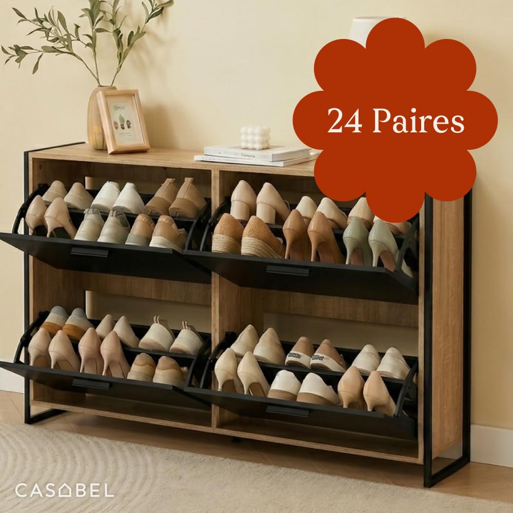 CASABEL Meuble de Rangement à Chaussure Industriel 24 Paires - Double Compartiment - Armoire Etagere Grande Capacité pour Entrée, Couloir - L114xP24xH83 cm - Portes Noires Cadre Bois Clair