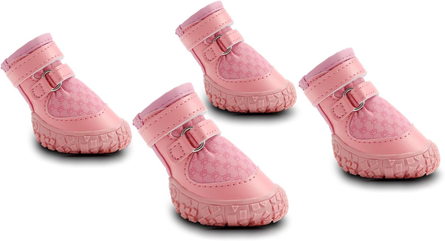Dog Shoes for Small Dogs, Double Binding Straps Puppy Boots & Paw Protectors for Summer Hot Pavement, Winter Snow, Dog Booties with Anti-Slip Rubber Soles for Beach Hardwood Floor Pink Size 2 Pink Siez 2: Width 1.29 inche for 6-12 lbs