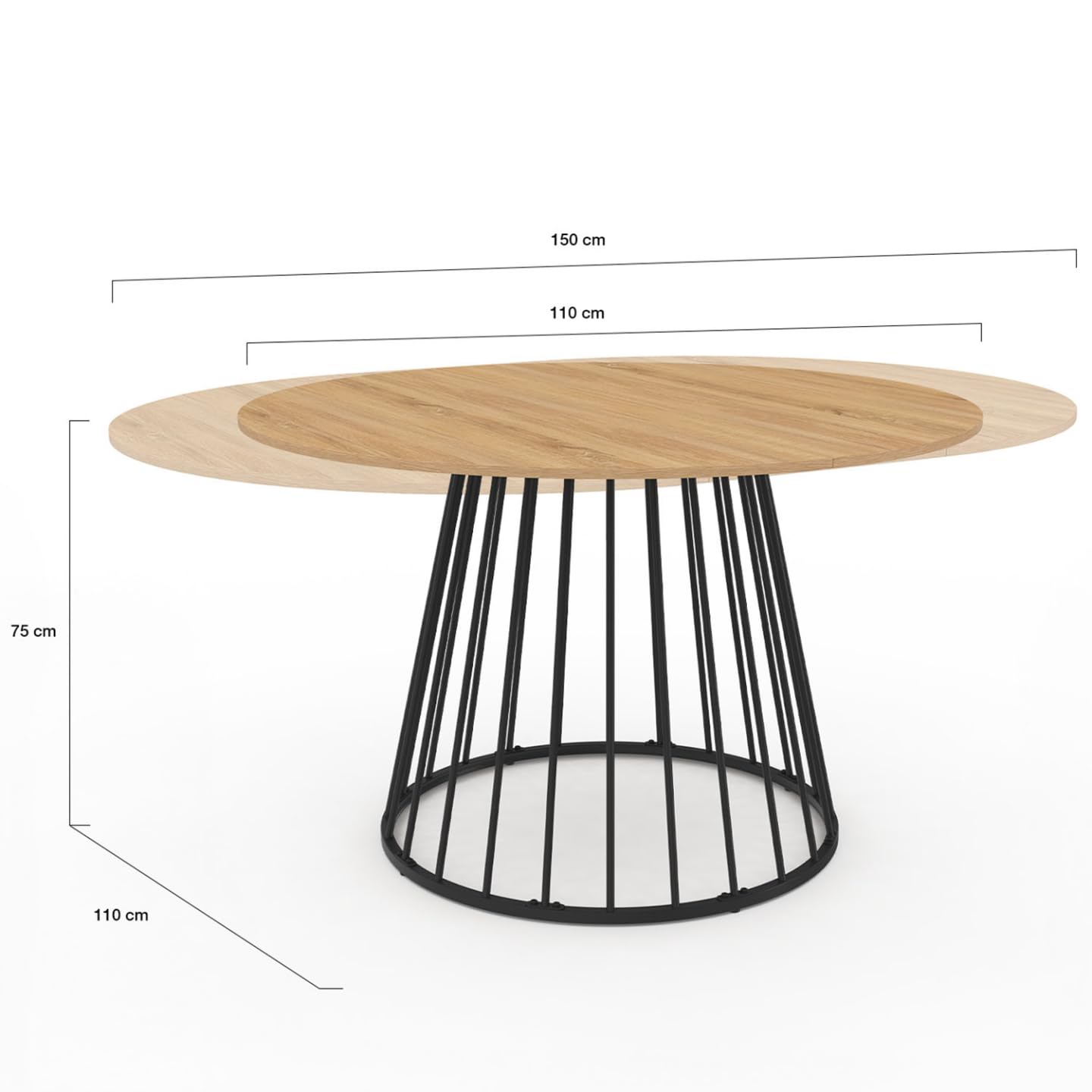 IDMarket - Tavolo da pranzo rotondo allungabile YUNA 4-8 persone con piano in legno e gamba in filo metallico nero 110-150 cm