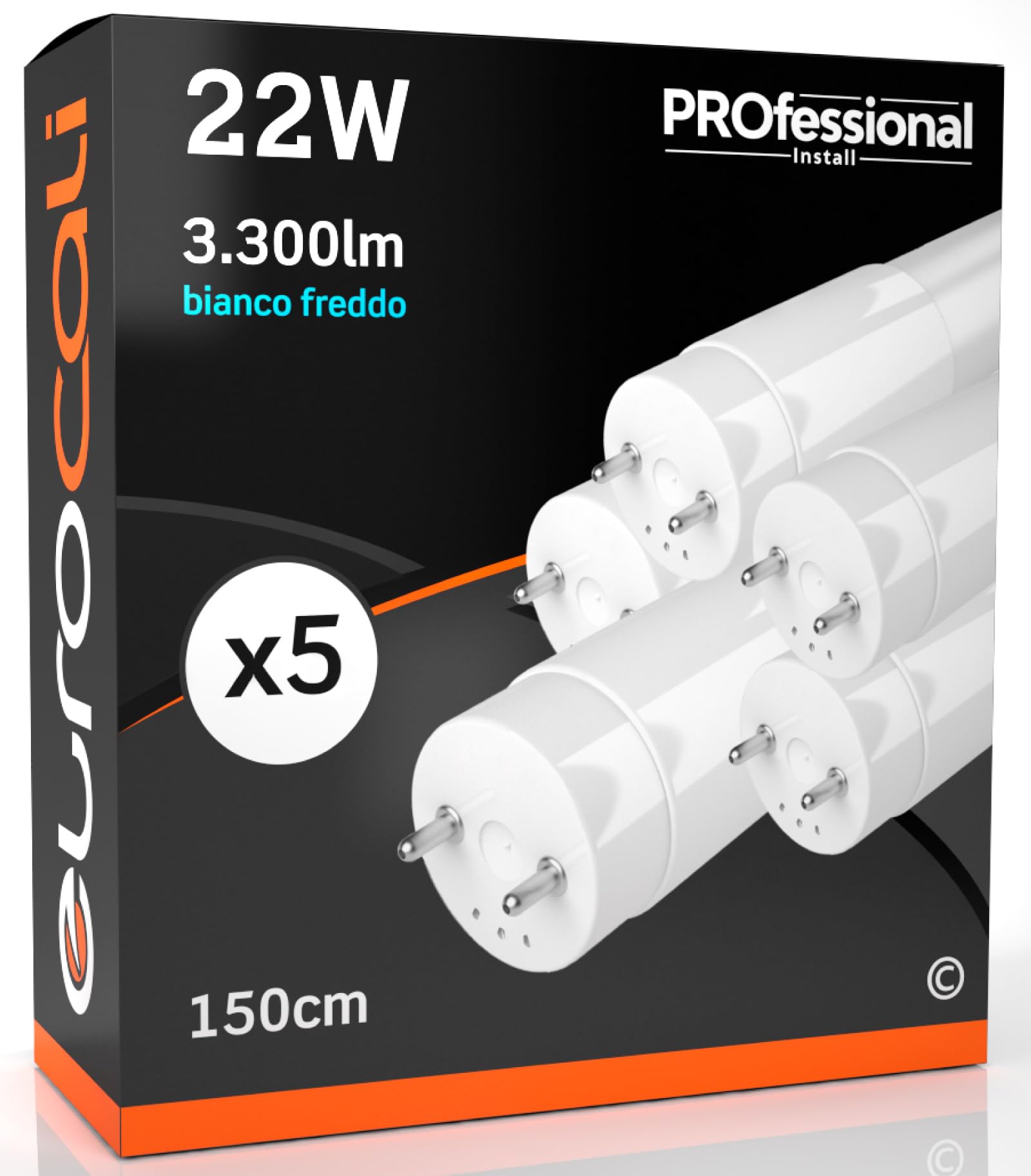Eurocali 5x Tubo LED T8 22W 150cm Alta Luminosità 3300 lumen Fascio Luminoso 320° - Luce Bianco Freddo 6500K - Sostituzione Neon