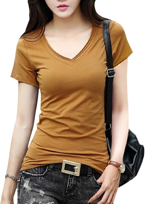 Amazon Formanism 大人 シンプル カジュアル スリム ぴったり Vネック 半袖 Tシャツ レディース グレー L Tシャツ カットソー 通販