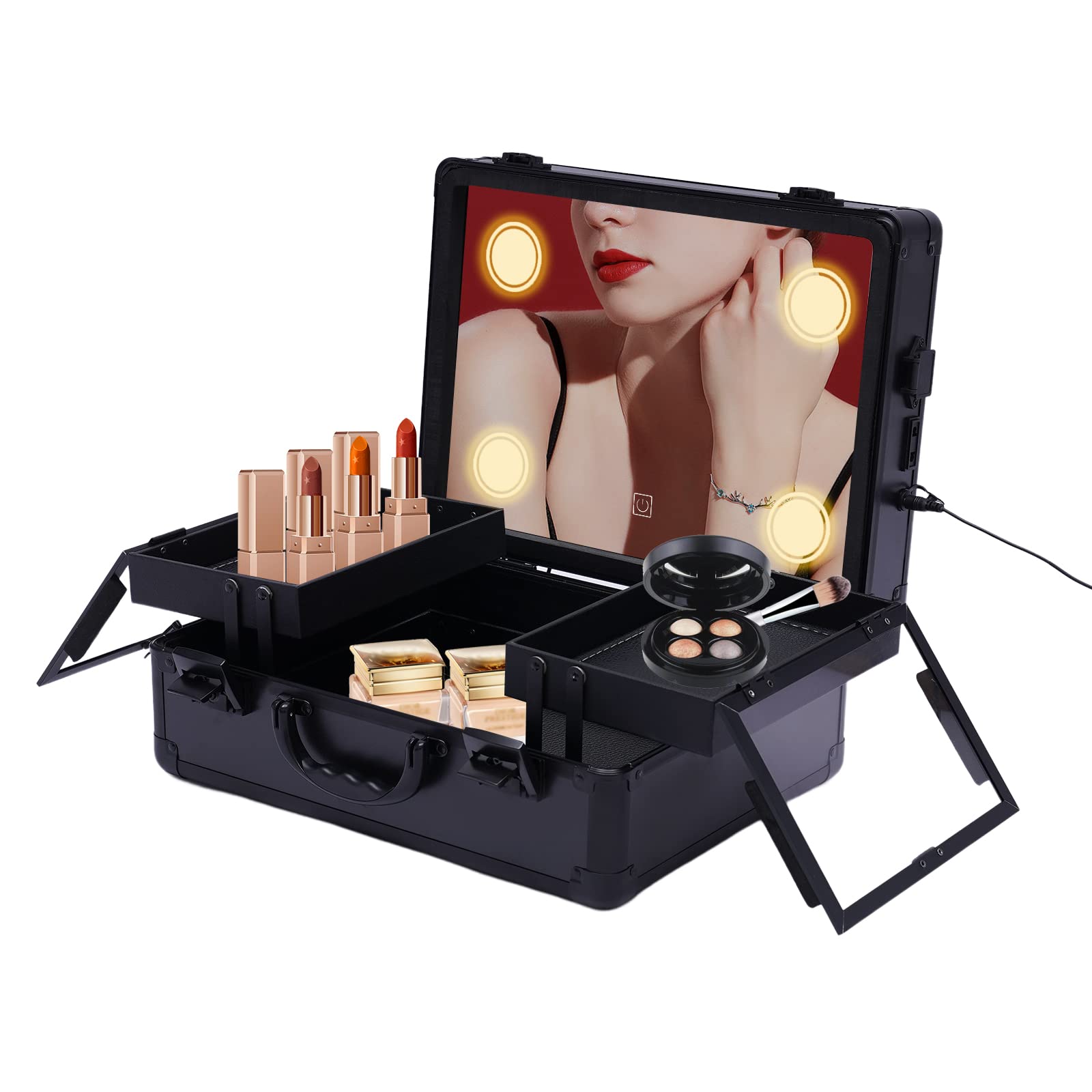 FLYHERO Makeup Train Case Makeup Case with LED Light Mirror Professional Artist Cosmetic Large Makeup Artist Organizer Kit (Black)
