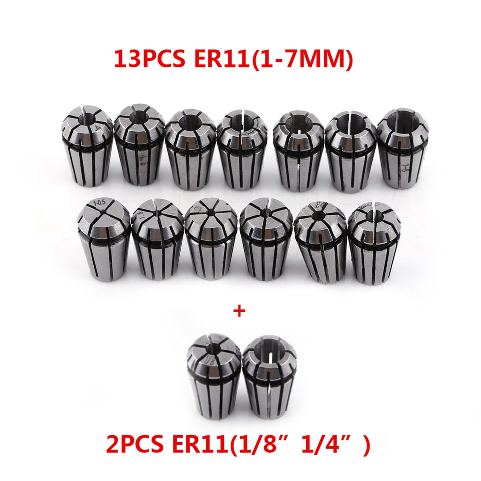 FLEXMAN 15Pcs ER11 Spring Collet Set, 1mm 1.5mm 2mm 2.5mm 3mm 3.5mm 4mm 4.5mm 5mm 5.5mm 6mm 6.5mm 7mm 1/8 1/4 Spring Steel Collet for CNC Engraving Machine Milling Lathe Tool