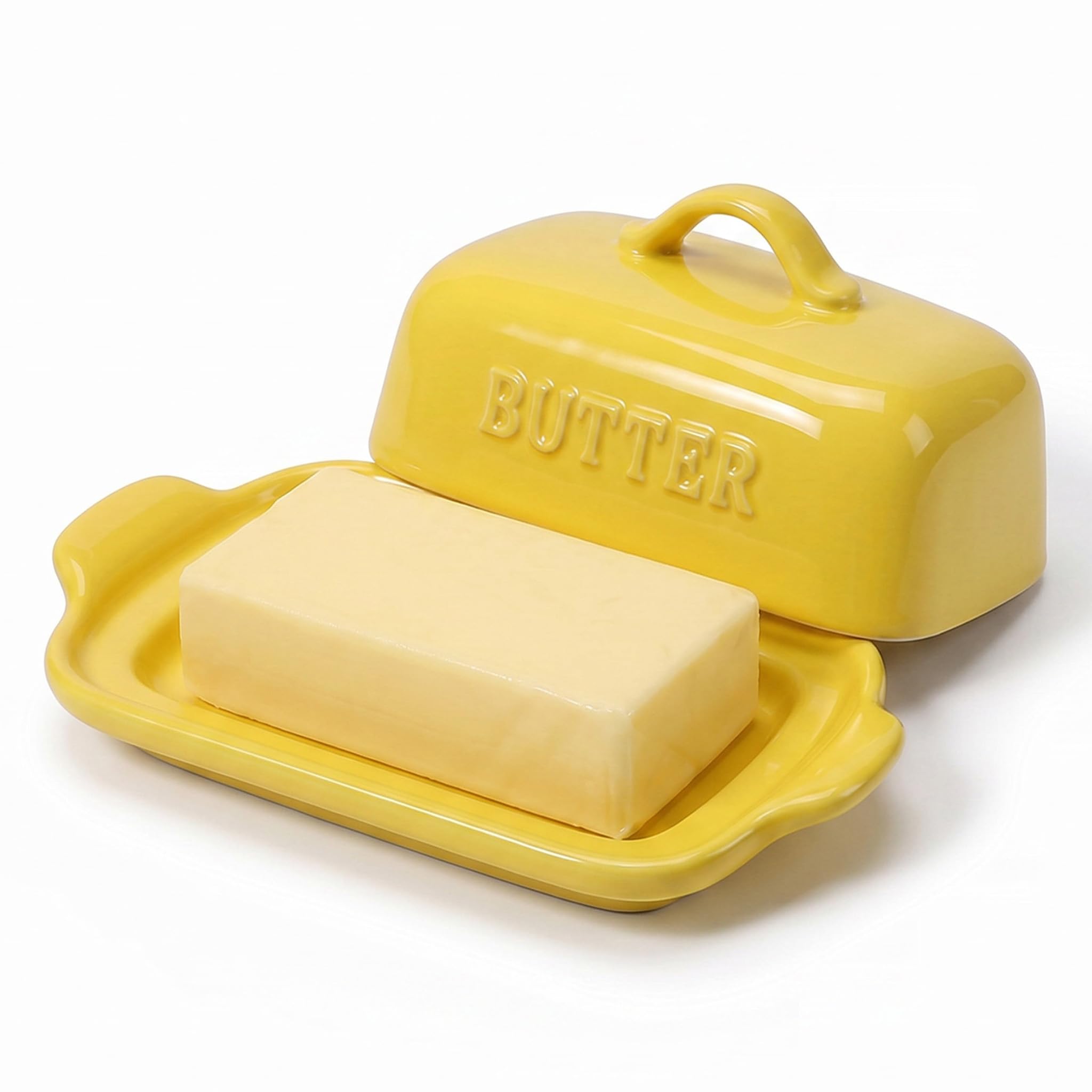 Porcelain Butter Dish with Lid for 250g Butter Block, ADIVEE, Yellow.