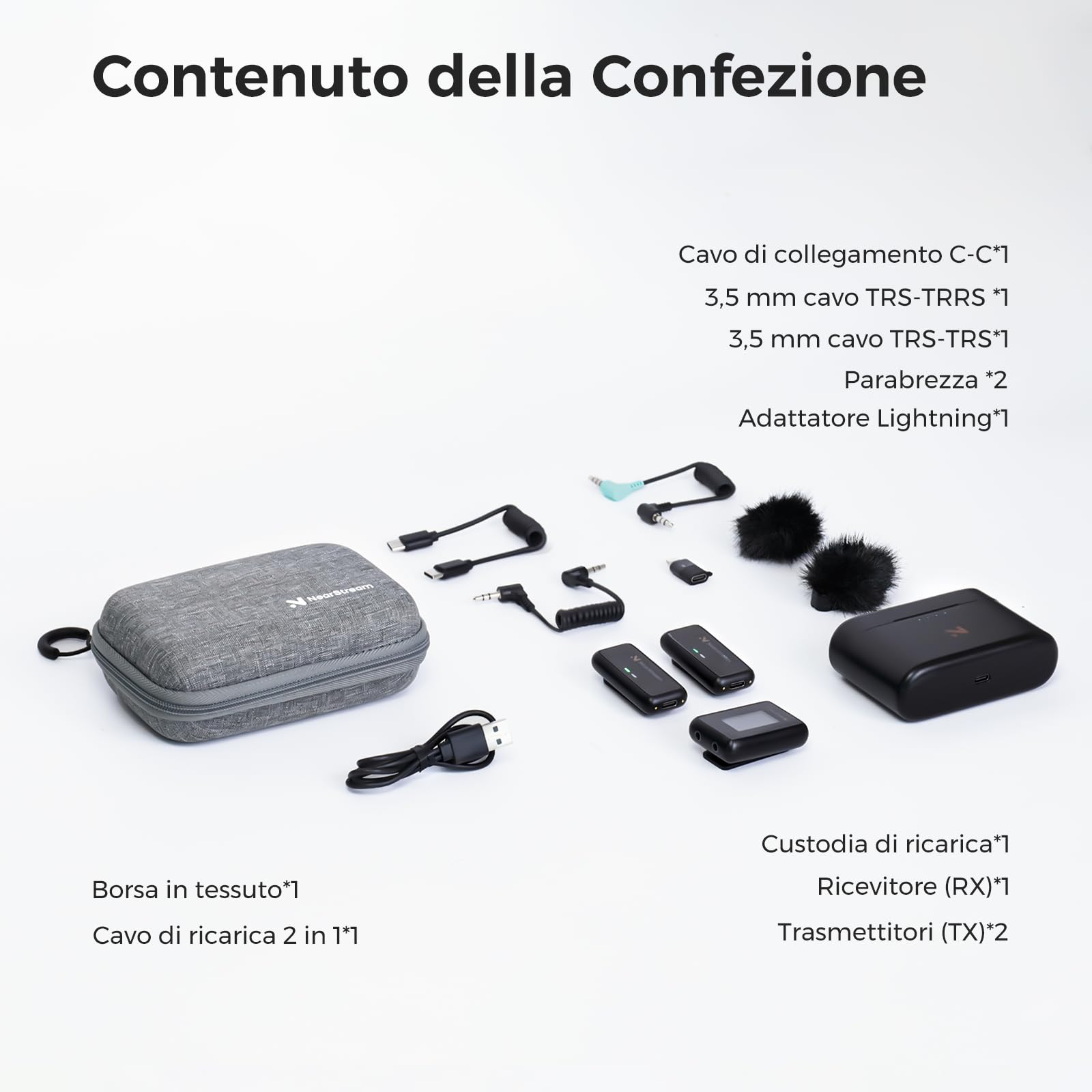 NearStream Microfono Lavalier Wireless con tecnologia ENC(la cancellazione del rumore ambientale),Schermo LCD,Distanza di Trasmissione di 200m, 20 ore di Durata,Guadagno A udio&Disattivazione Audio
