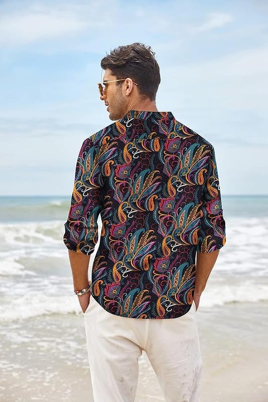 Image of Men's Cotton Blend Full Sleeve Printed Short Kurta with Mandarin Collar Crafted from a Premium Cotton Blend